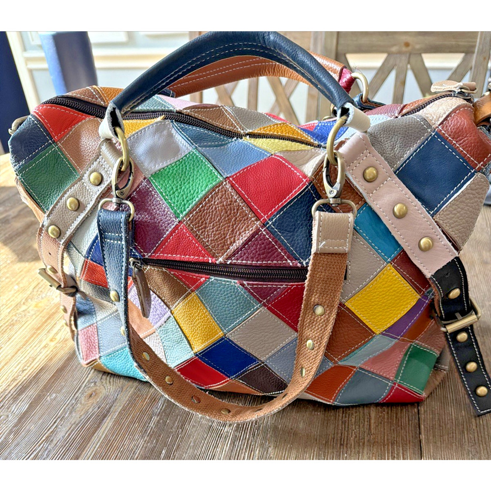 Genuine Leather Color Purse bohemian Handbag duffle studded patchwork quilt tote - Picture 5 of 9